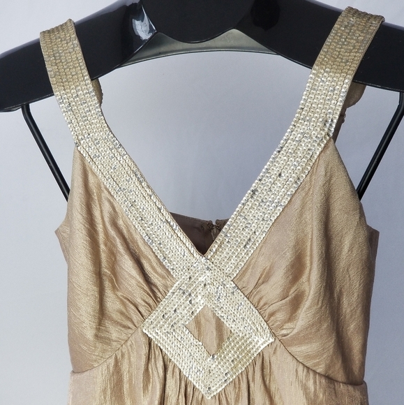 NWT BCBGMAXAZRIA Women's Gold Sequin Beaded Ruched Bubble Hem A-Line Dress US4 - Picture 7 of 10